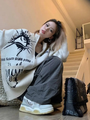 Loose Stand Up Collar Sweater Woman Autumn And Winter Hand-painted Pattern Knit Cardigan Pocket Decoration Vintage Clothes